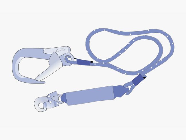 Une corde de sécurité est fixée à une extrémité à un petit crochet, et à l’autre, à une corde normale. Un mousqueton est attaché à l’extrémité de cette corde.