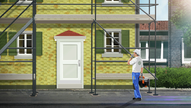 Illustration: Un ouvrier regarde un maison entourée d’échafaudages.
