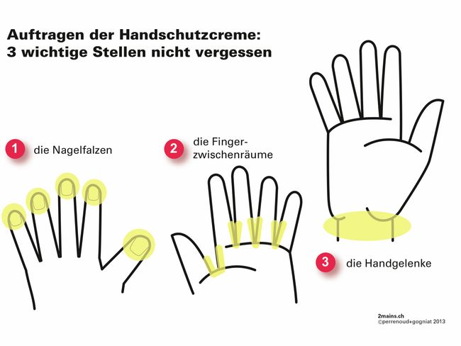 Illustration der Stellen, die beim Eincremen gerne vergessen gehen: Nagelfalze, Fingerzwischenräume, Handgelenke.