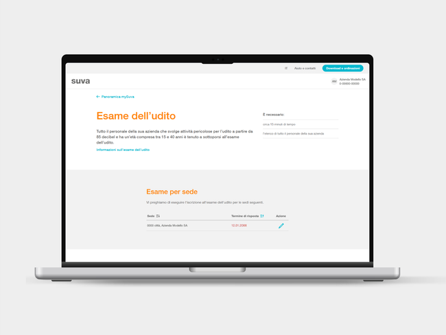Home page del test dell'udito su laptop e smartphone, con informazioni sull'obbligo di partecipare ad attività al di sopra degli 85 decibel e la panoramica delle sedi - ingresso nel processo di registrazione digitale per i test dell'udito per i dipendenti.