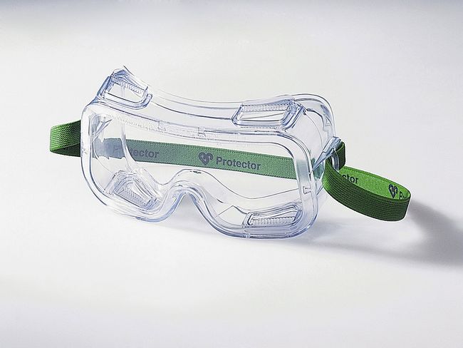 Vollsichtbrille aus klarem Material, die die gesamte Augenpartie schützt.
