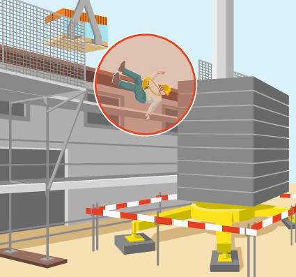 Illustration du déroulement de l’accident: Severin L. fait une chute dans le vide parce qu’il y a un trou dans la protection latérale du chantier. Une palette de tuiles se trouve sur sa gauche, et sur sa droite, il y a le socle de la grue.