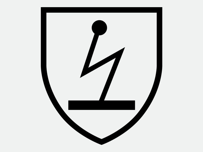 Blitz verbindet Kugel oben mit horizontalem Balken unten (Symbol, schildförmig)