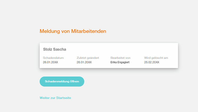 Screenshot zeigt Detailansicht des Online Service Schadenformular Mitarbeitende