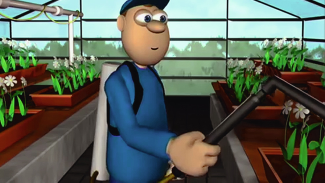 Videoausschnitt: Napo beim Spritzen von Pflanzen in einem Gewächshaus.