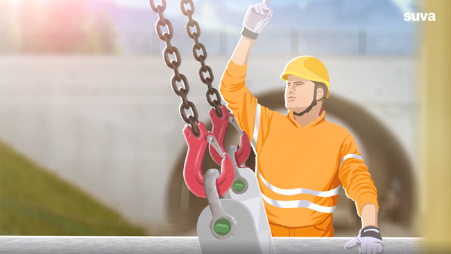 Illustration: Ein Bauarbeiter gibt ein Handsignal zum Anheben einer Last.