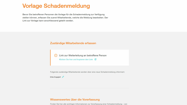 Screenshot zeigt Detailansicht des Online Service Schadenformular Mitarbeitende