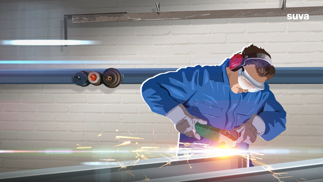 Illustration: Ein Arbeiter mit Schutzbrille und Gehörschutz fräst ein Metallteil.