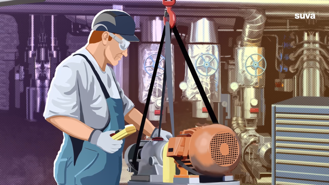 Illustration: Ein Arbeiter mit Schutzbrille hebt mit einem Kran einen Motor aus einer Maschine.