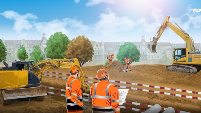 Illustration: Zwei Arbeiter beobachten Bauarbeiten hinter einer Abschrankung. Links und rechts im Bild sind Bagger zu sehen.