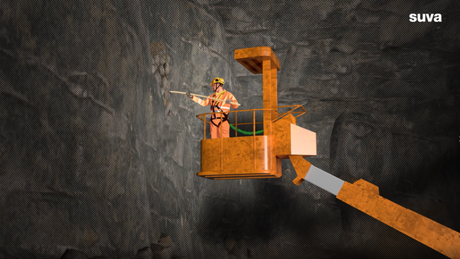 Illustration: Un ouvrier se trouve sur une plateforme élévatrice et travaille sur la paroi d’un tunnel.