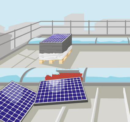 Zeichnung: Solarpanels auf einem Flachdach auf beiden Seiten eines Oblichts. Ein Oblicht-Element ist eingebrochen, ein Panel liegt am Boden.