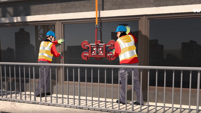 Illustration: deux constructeurs métalliques encastrent une vitre dans le cadre de fenêtre.