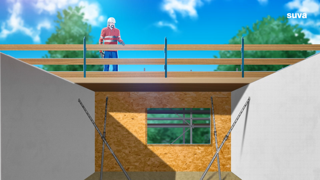Illustrazione di un operaio che da una copertura in legno messa in sicurezza osserva una struttura grezza.