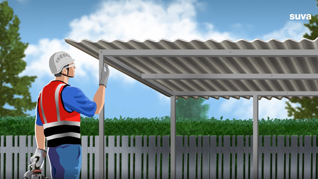 Illustration: un travailleur examine le toit en plaques de tôle ondulée d’un abri.
